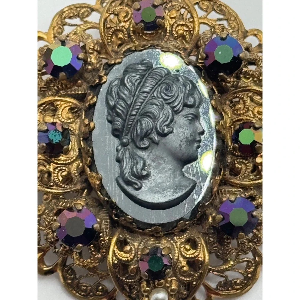 Vintage West Germany Cameo Brooch AB Rhinestone Faux‎ Pearl Filigree Brooch